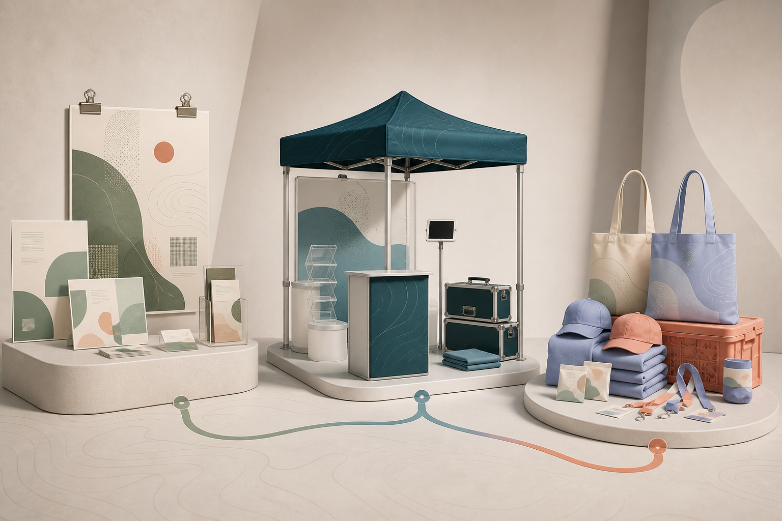 A designer display of PromoRun poster, booth, and merchandise advertising packages.
