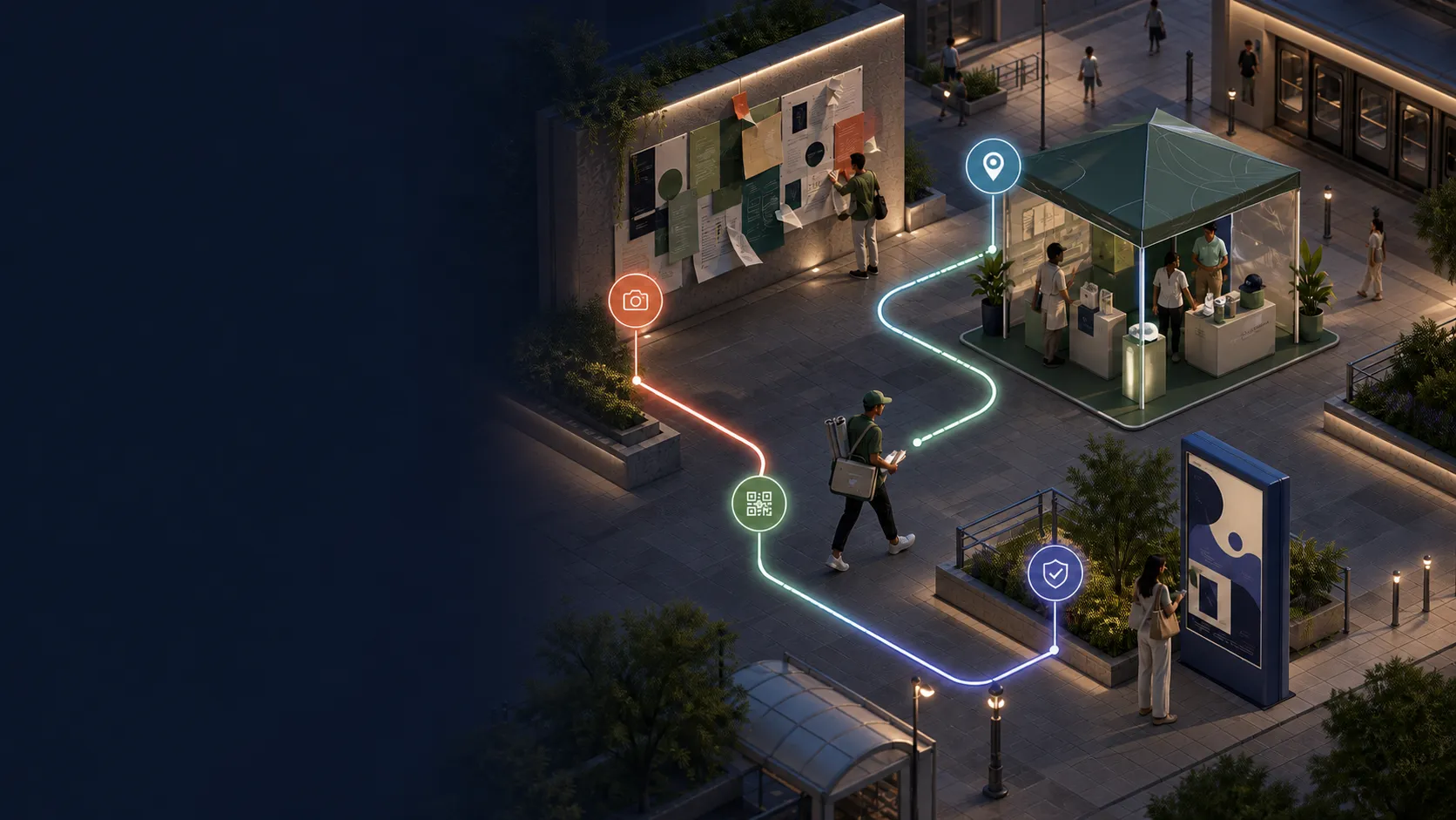 A dark premium local advertising route connecting a poster wall, staffed booth, merchandise runner, and campaign display.