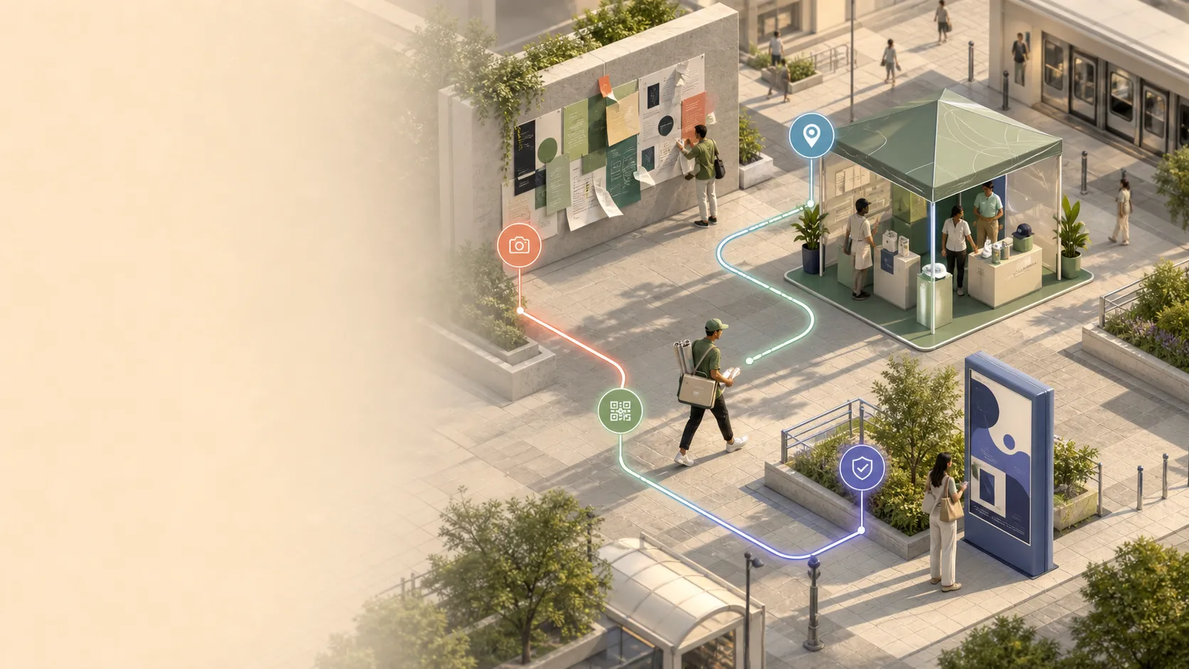 A premium local advertising route connecting a poster wall, staffed booth, merchandise runner, and campaign display.